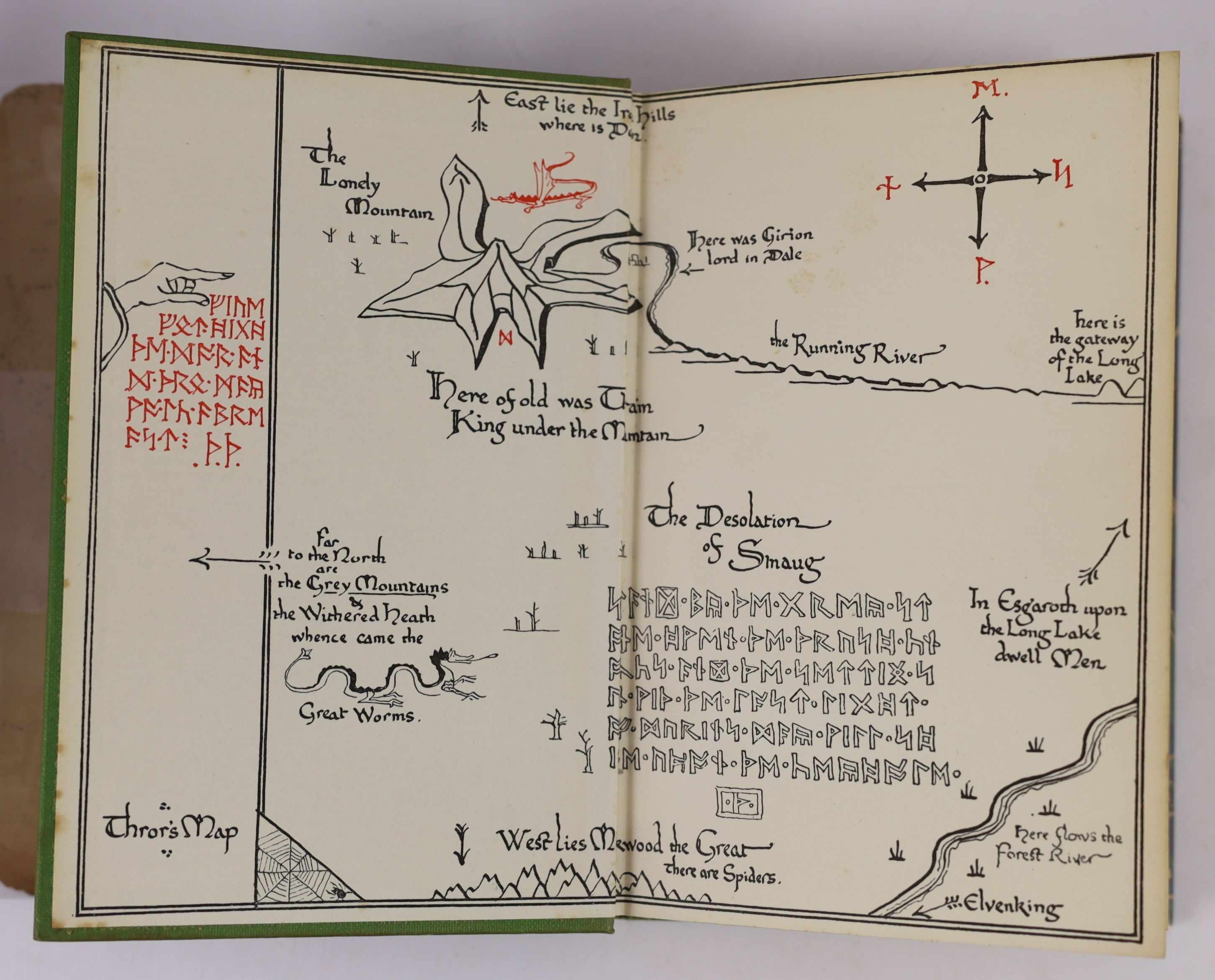 Tolkien, John Ronald Reuel - The Hobbit, 2nd edition, 10th impression, with colour frontispiece, map endpapers, original green cloth in unclipped d/j, with small loss to lower front panel and top edge, George Allen and U